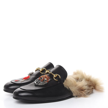 Gucci Calfskin Fur Crystal Tiger Embroidered Mens Princetown Slippers 8 Black 3 of 11
