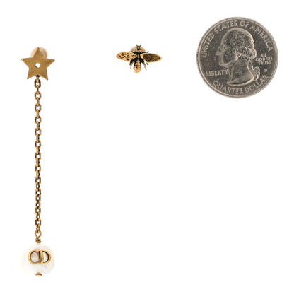 Christian Dior Metal Pearl Bee Star CD Drop Chain Earrings Aged Gold 2 of 5
