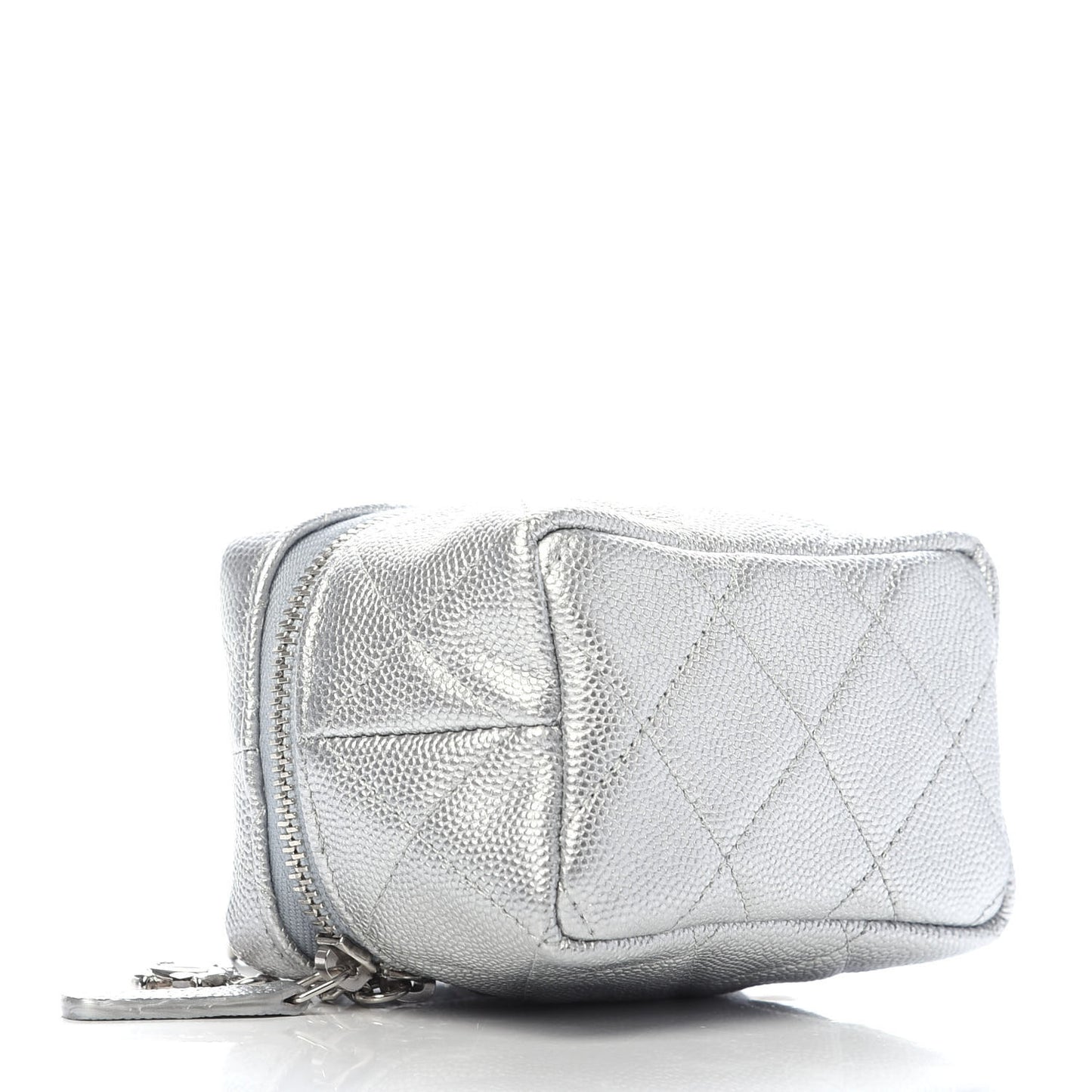Metallic Caviar Quilted Mini Top Handle Vanity With Chain Silver