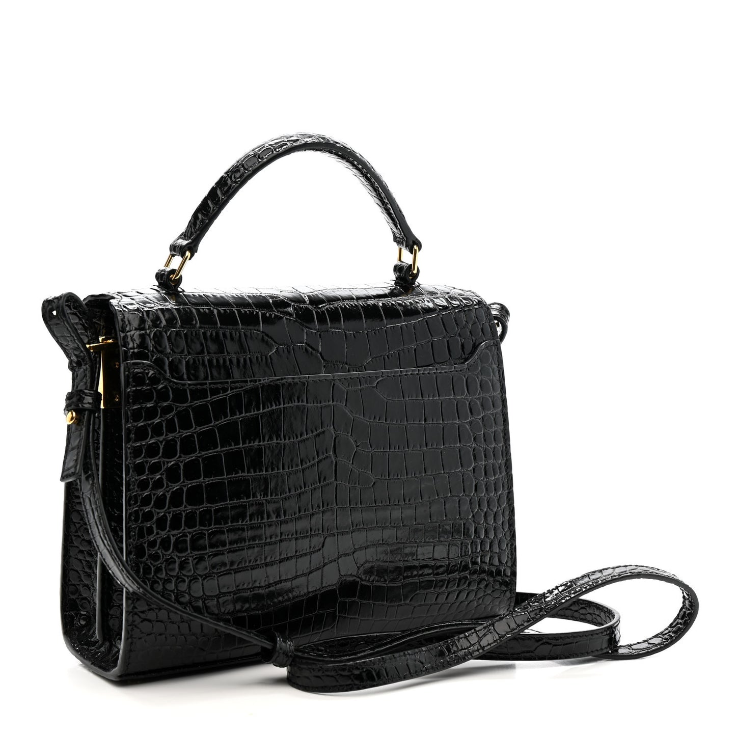 Calfskin Crocodile Embossed Mini Classic Monogram Cassandra Top Handle Black