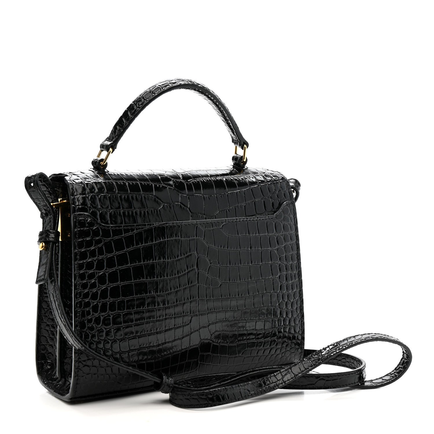 Saint Laurent Calfskin Crocodile Embossed Mini Classic Monogram Cassandra Top Handle Black 3 of 11