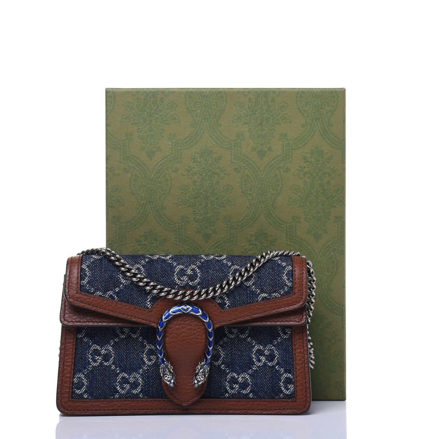 New Denim GG Monogram Dollar Calfskin Enamel Super Mini Dionysus Shoulder Bag Blue Tea Cuir Epilog Electric Blue