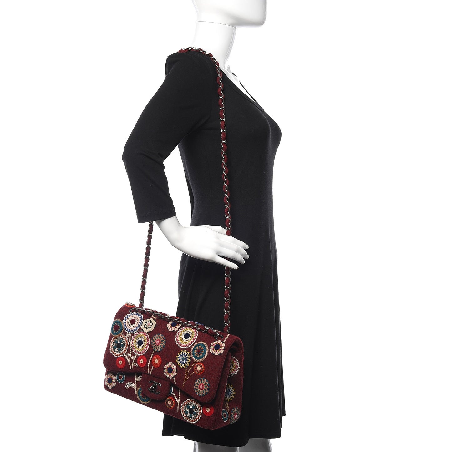 Felt Flower Embroidered Jumbo Double Flap Burgundy Multicolor