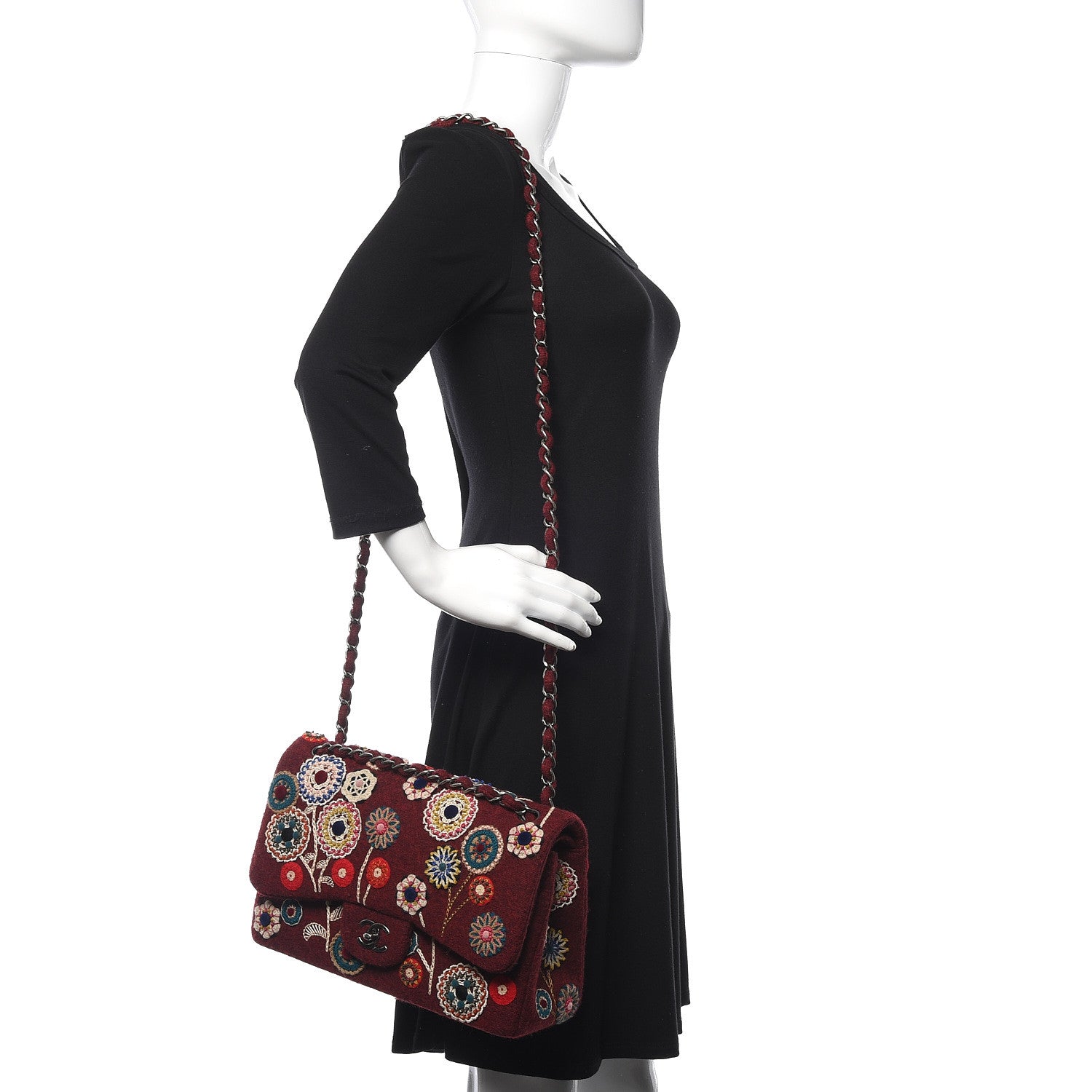 Chanel Felt Flower Embroidered Jumbo Double Flap Burgundy Multicolor 2 of 11