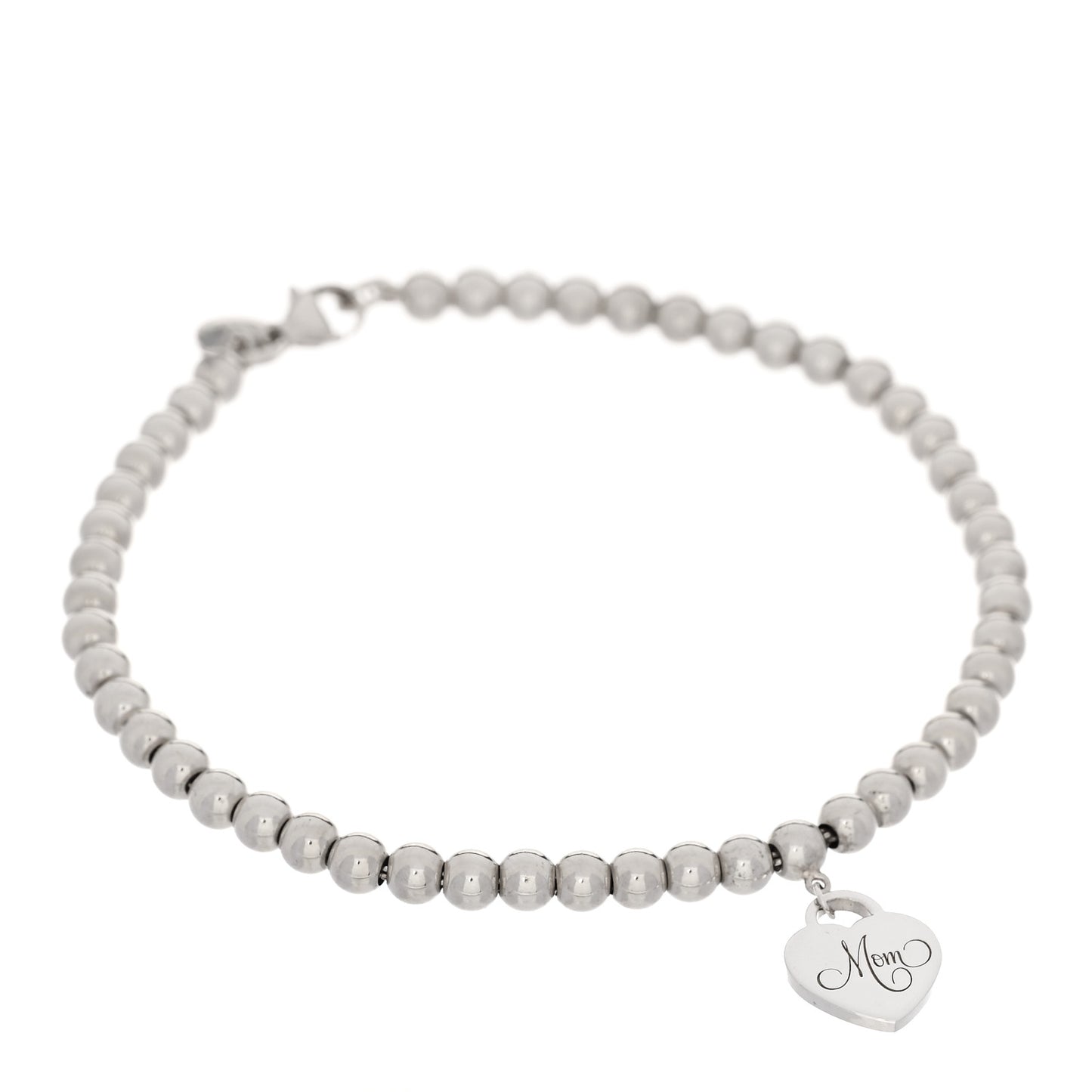 Sterling Silver 4mm Mom Heart Tag Bead Bracelet