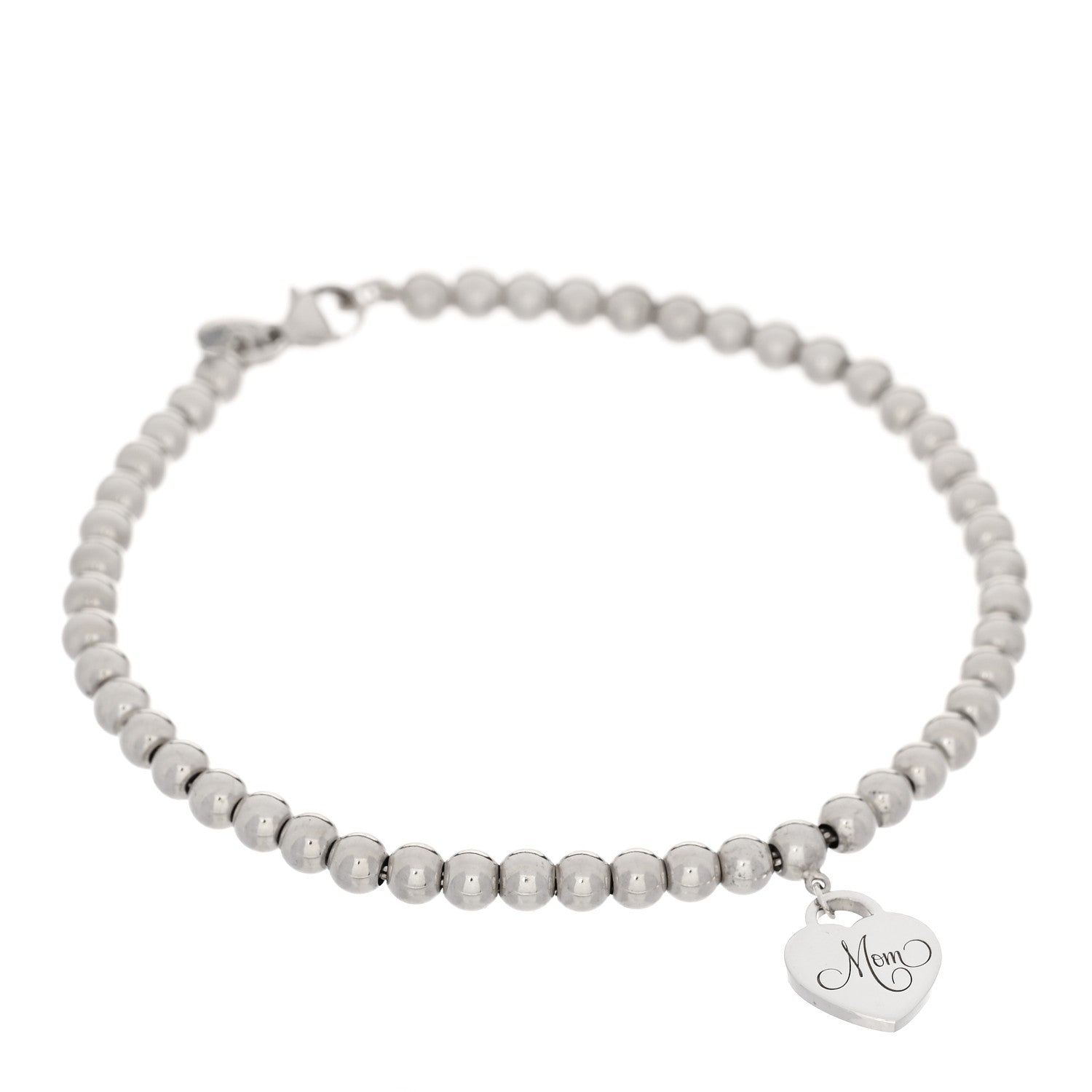Tiffany Sterling Silver 4mm Mom Heart Tag Bead Bracelet 1 of 4