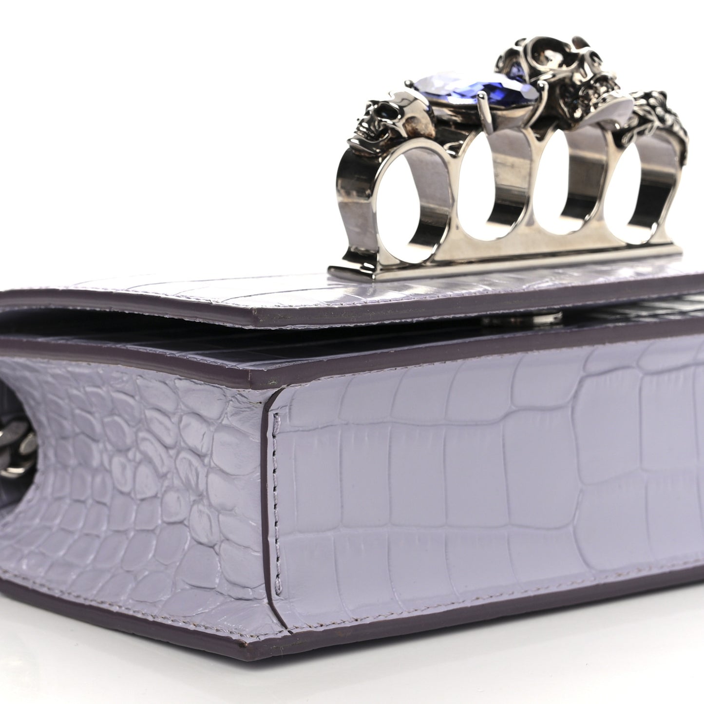 Shiny Crocodile Embossed Jeweled Satchel Lavender