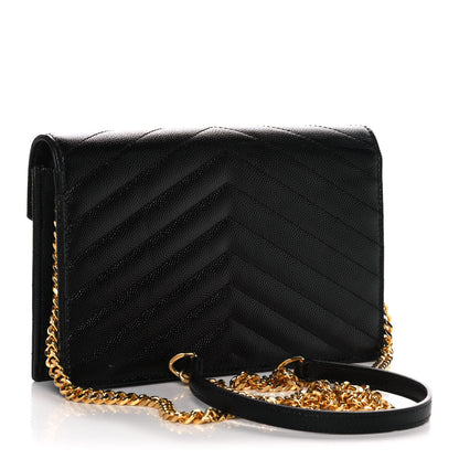 Saint Laurent Grain De Poudre Matelasse Chevron Monogram Envelope Chain Wallet Black 3 of 14
