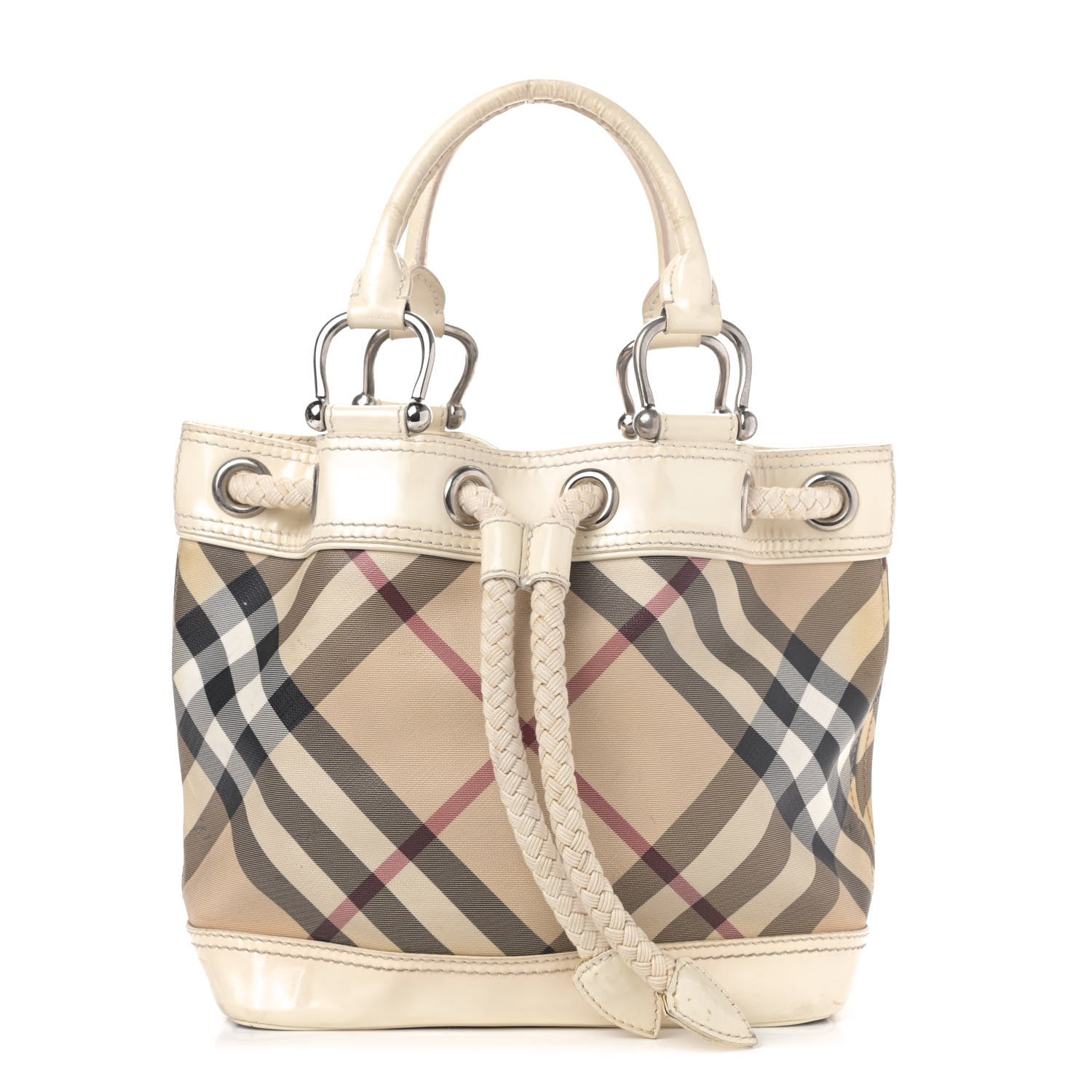 Burberry Calfskin Trim Nova Check Drawstring Bucket Bag White 1 of 6