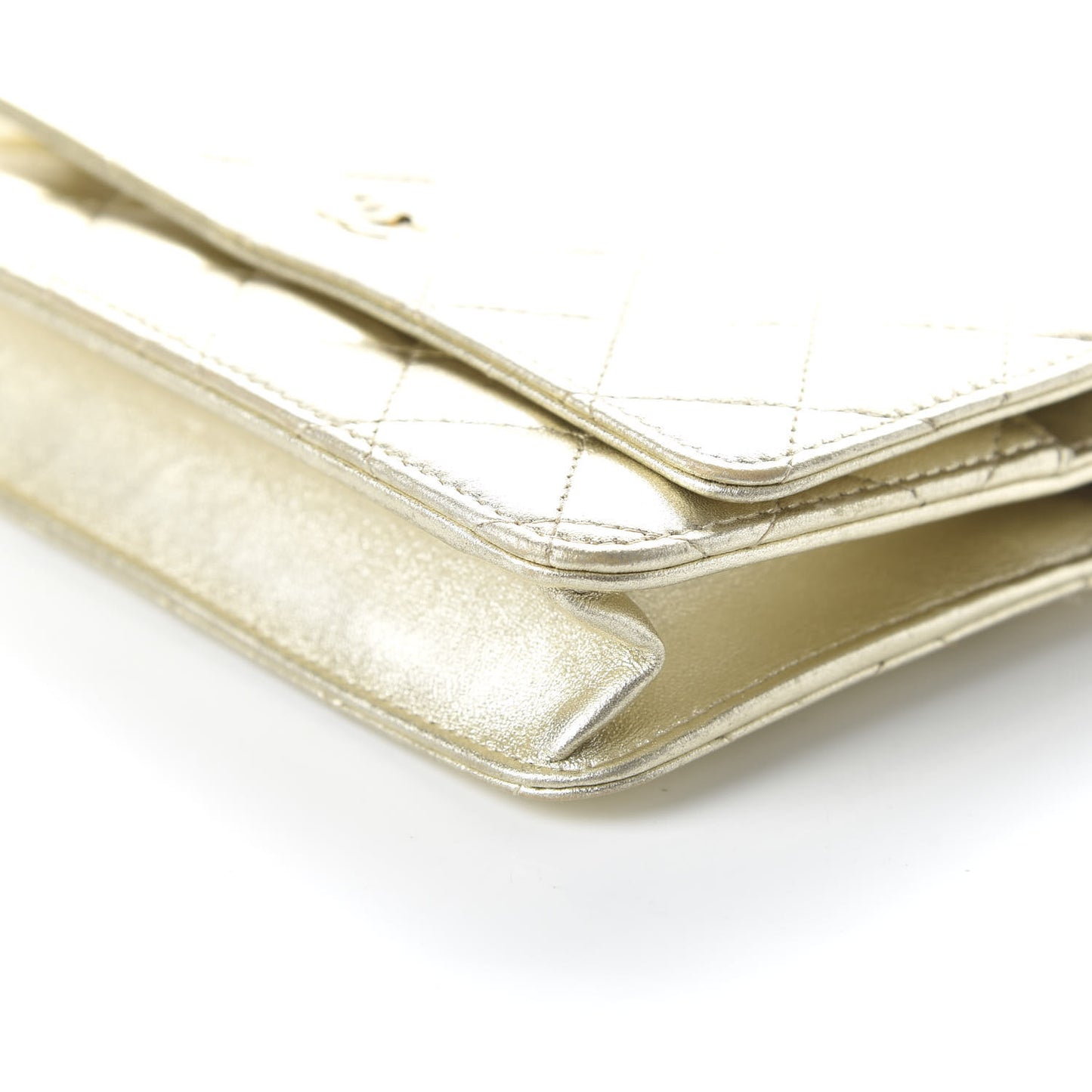 Metallic Lambskin Quilted Wallet On Chain WOC Gold