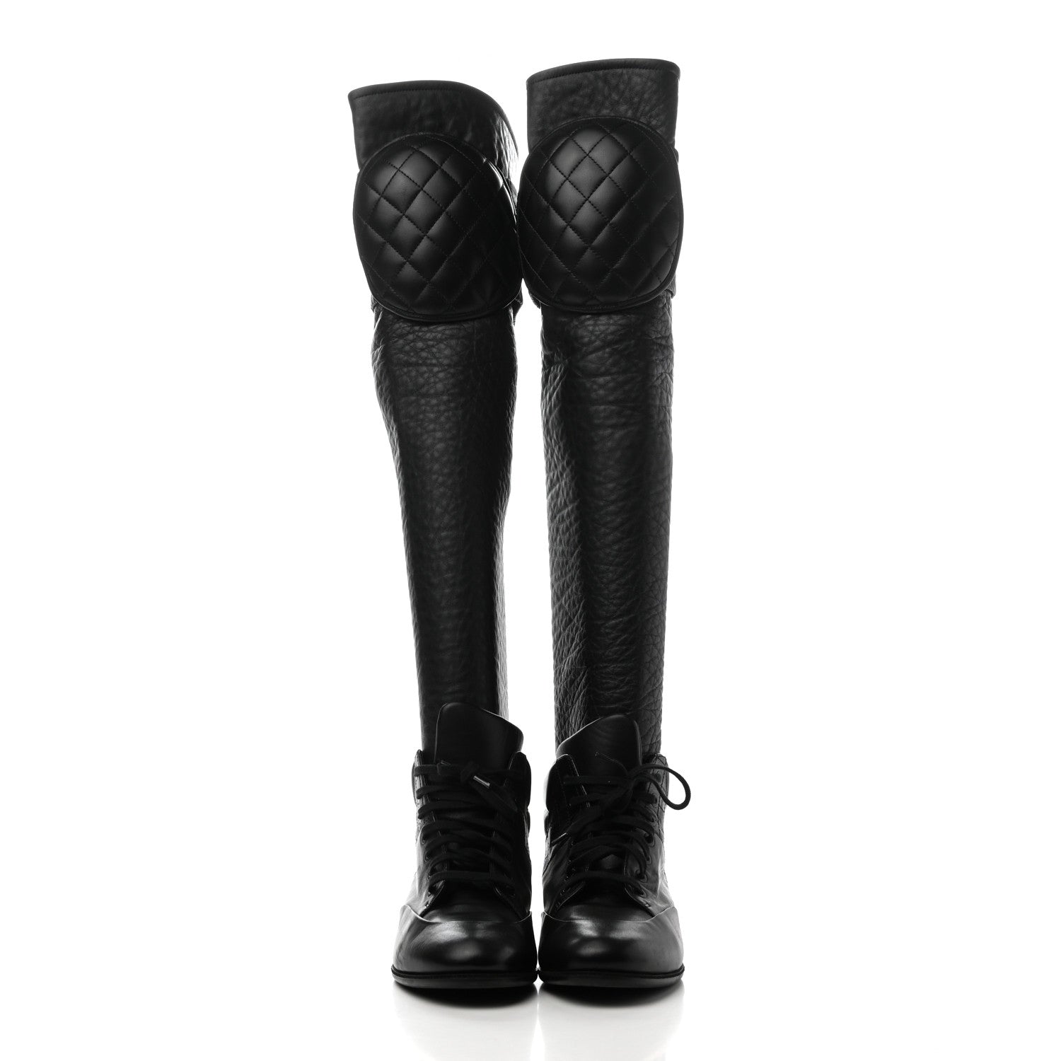 Chanel Calfskin Tumbled Lambskin Lace Up Knee High Sneaker Boots 38 Black 2 of 6