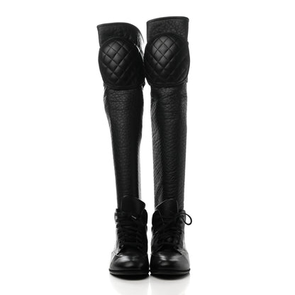 Chanel Calfskin Tumbled Lambskin Lace Up Knee High Sneaker Boots 38 Black 2 of 6
