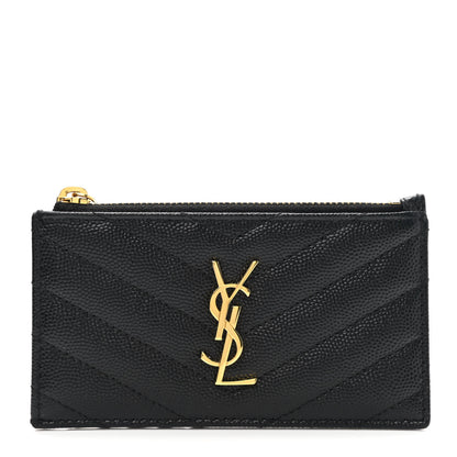 Saint Laurent Grain De Poudre Matelasse Chevron Monogram Fragments Zippered Card Case Black 1 of 7