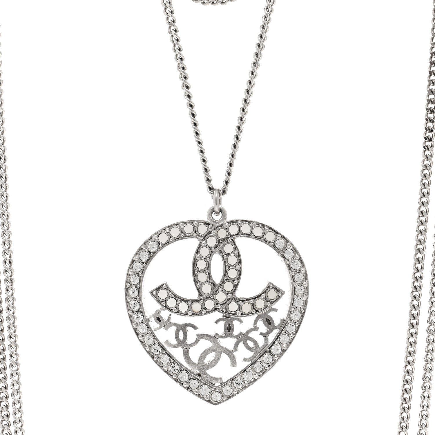 Chanel Crystal Heart CC Multi Strand Chain Necklace Silver 4 of 6