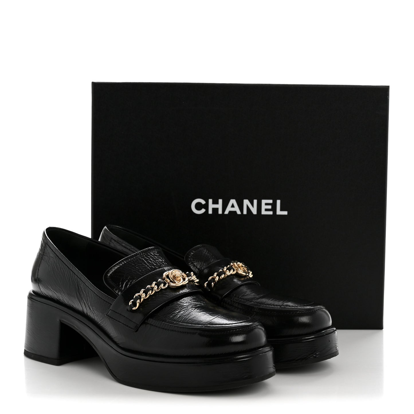 Shiny Calfskin Logo Loafers 38 Black
