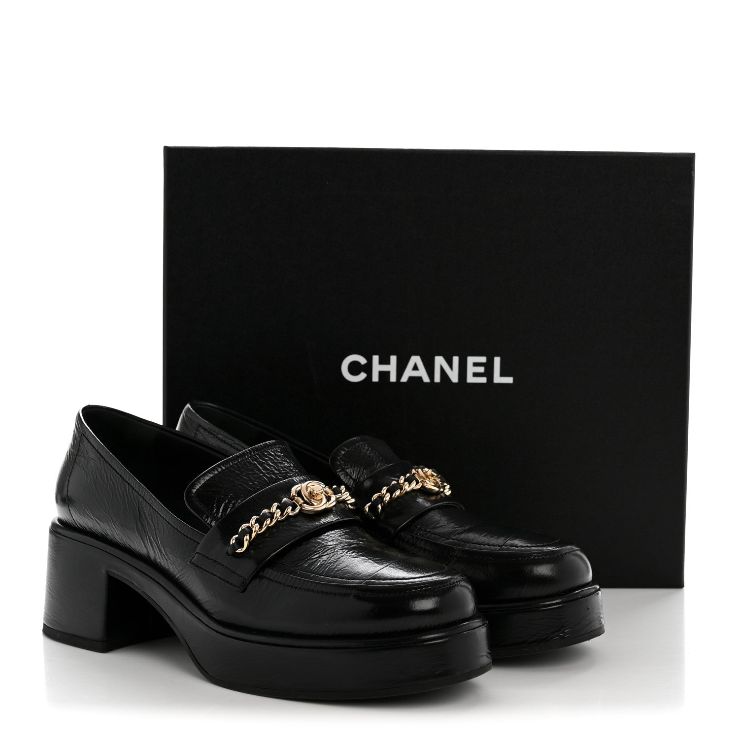 Chanel Shiny Calfskin Logo Loafers 38 Black 12 of 12