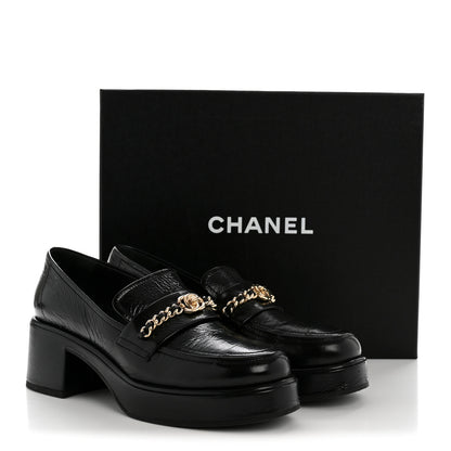 Chanel Shiny Calfskin Logo Loafers 38 Black 12 of 12