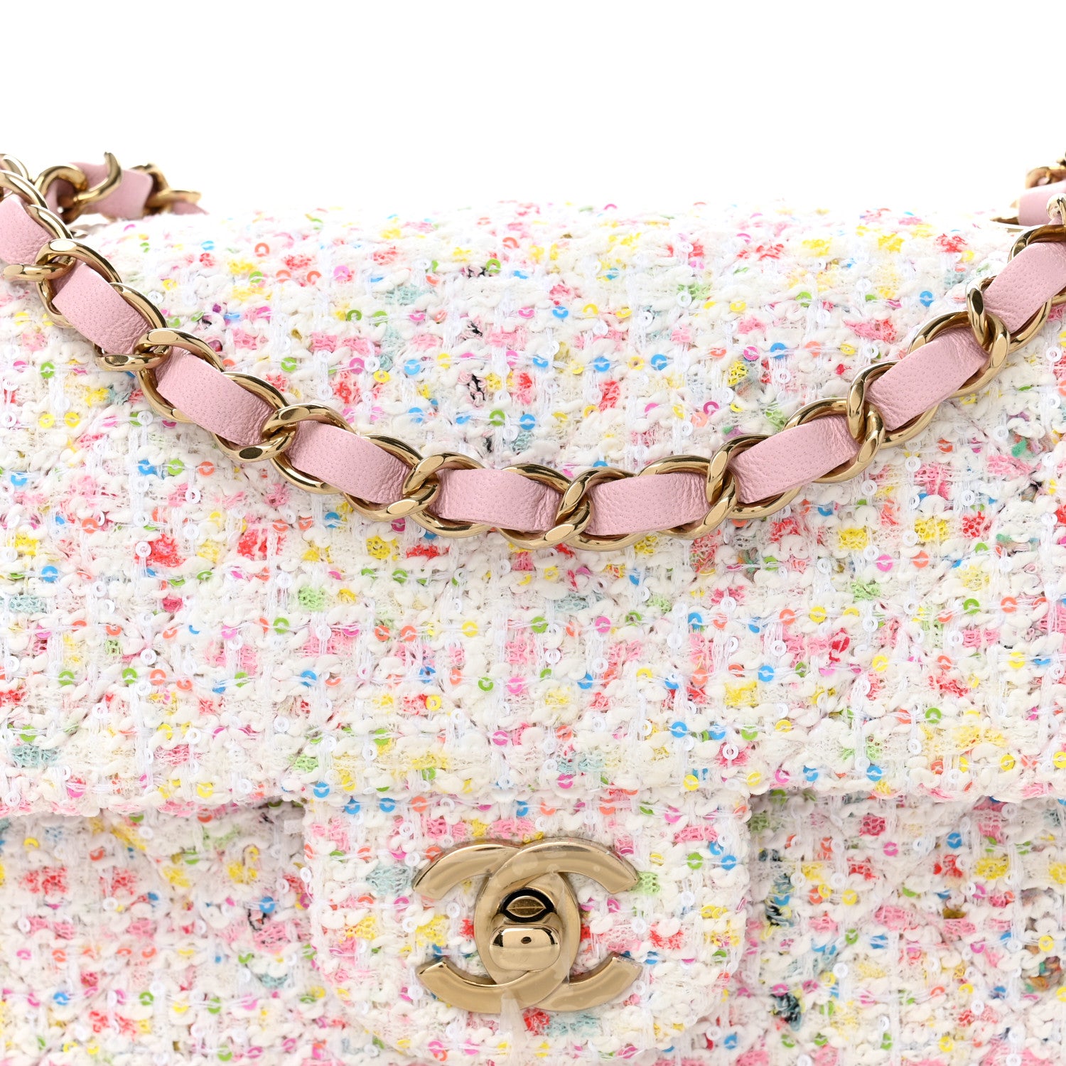 Chanel Tweed Sequin Quilted Mini Rectangular Flap White Pink Green Blue 8 of 10