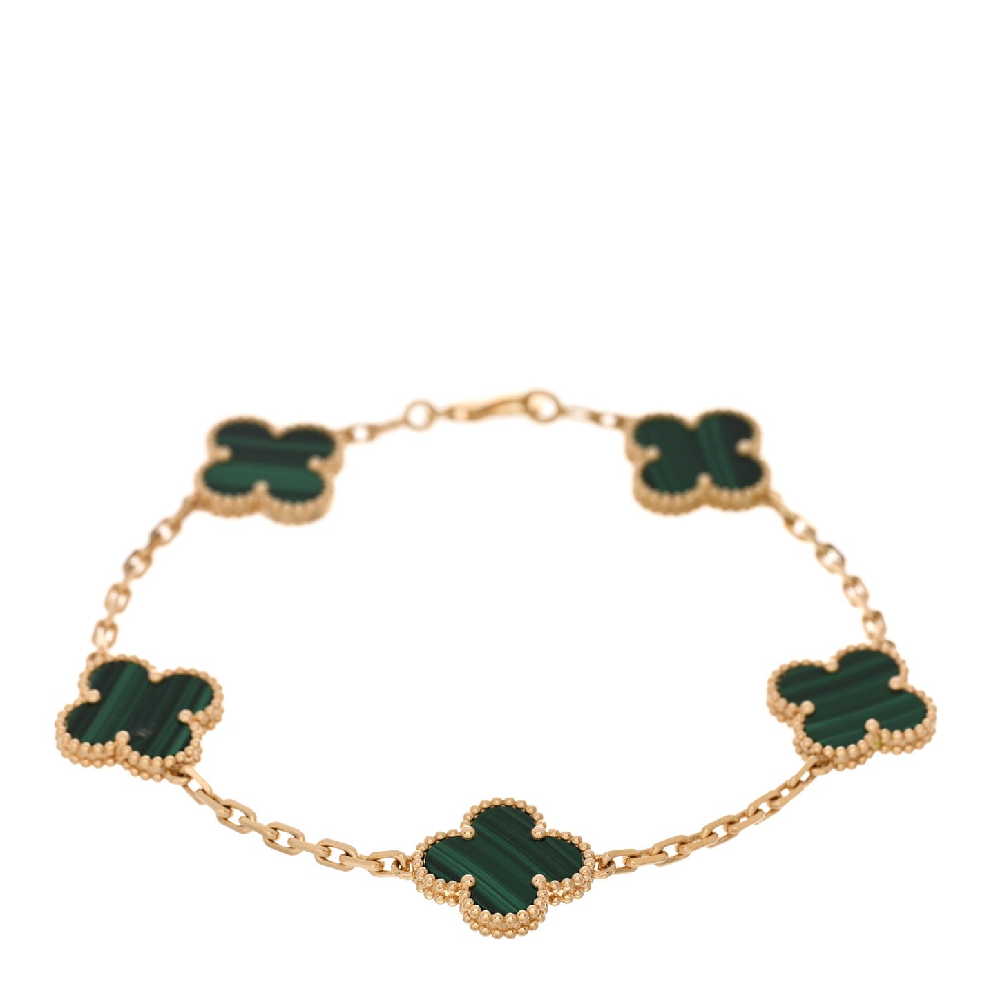 18K Yellow Gold Malachite 5 Motifs Vintage Alhambra Bracelet