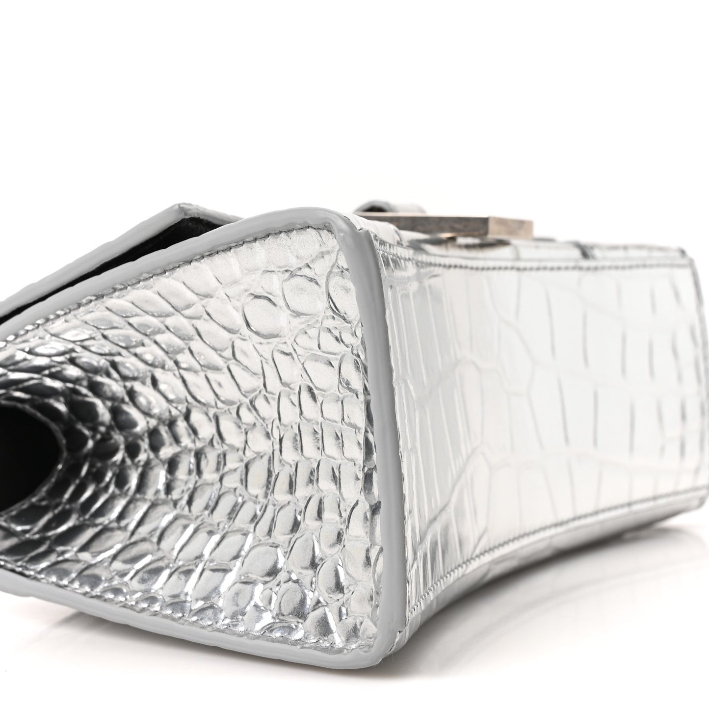 Metallic Calfskin Crocodile Embossed Hourglass Top Handle Bag XS Silver