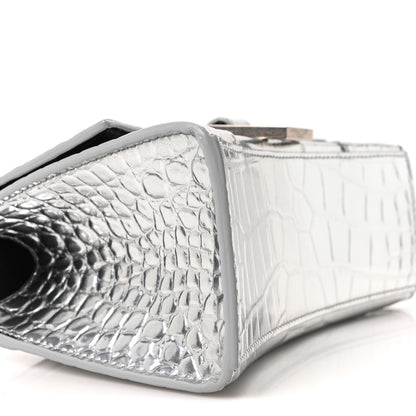 Balenciaga Metallic Calfskin Crocodile Embossed Hourglass Top Handle Bag XS Silver 8 of 9