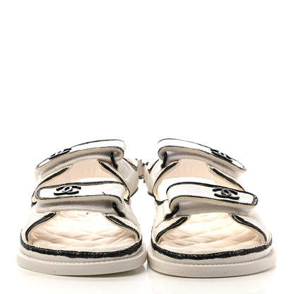 Chanel Calfskin Printed Velcro Dad Sandals 39 White Black 2 of 10