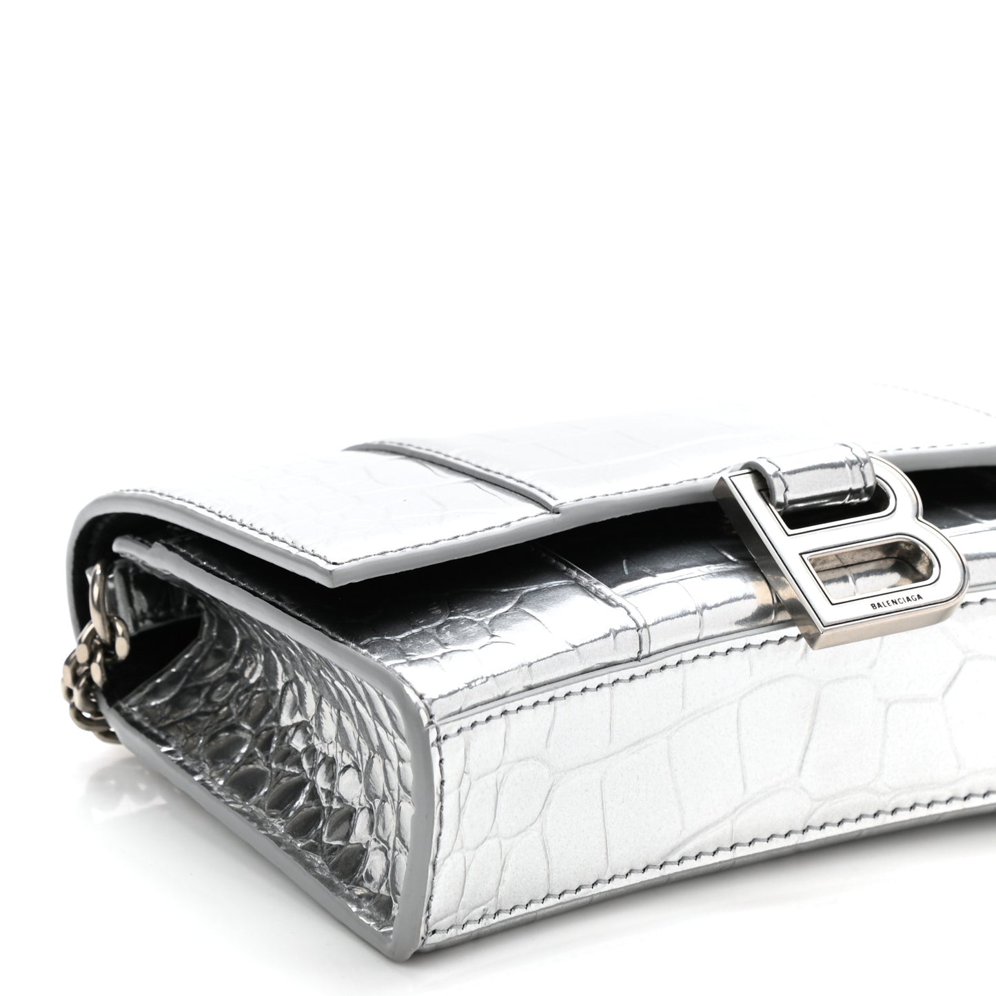 Metallic Calfskin Crocodile Embossed Hourglass Chain Bag Silver
