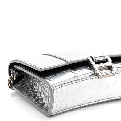 Balenciaga Metallic Calfskin Crocodile Embossed Hourglass Chain Bag Silver 8 of 9