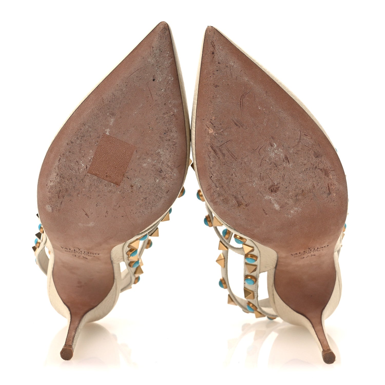 Valentino Garavani Pebbled Calfskin Turquoise Rockstud Rolling Ankle Strap 100mm Pumps 37.5 Ivory 7 of 15