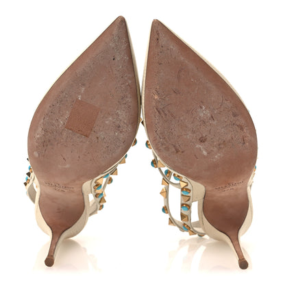Valentino Garavani Pebbled Calfskin Turquoise Rockstud Rolling Ankle Strap 100mm Pumps 37.5 Ivory 7 of 15