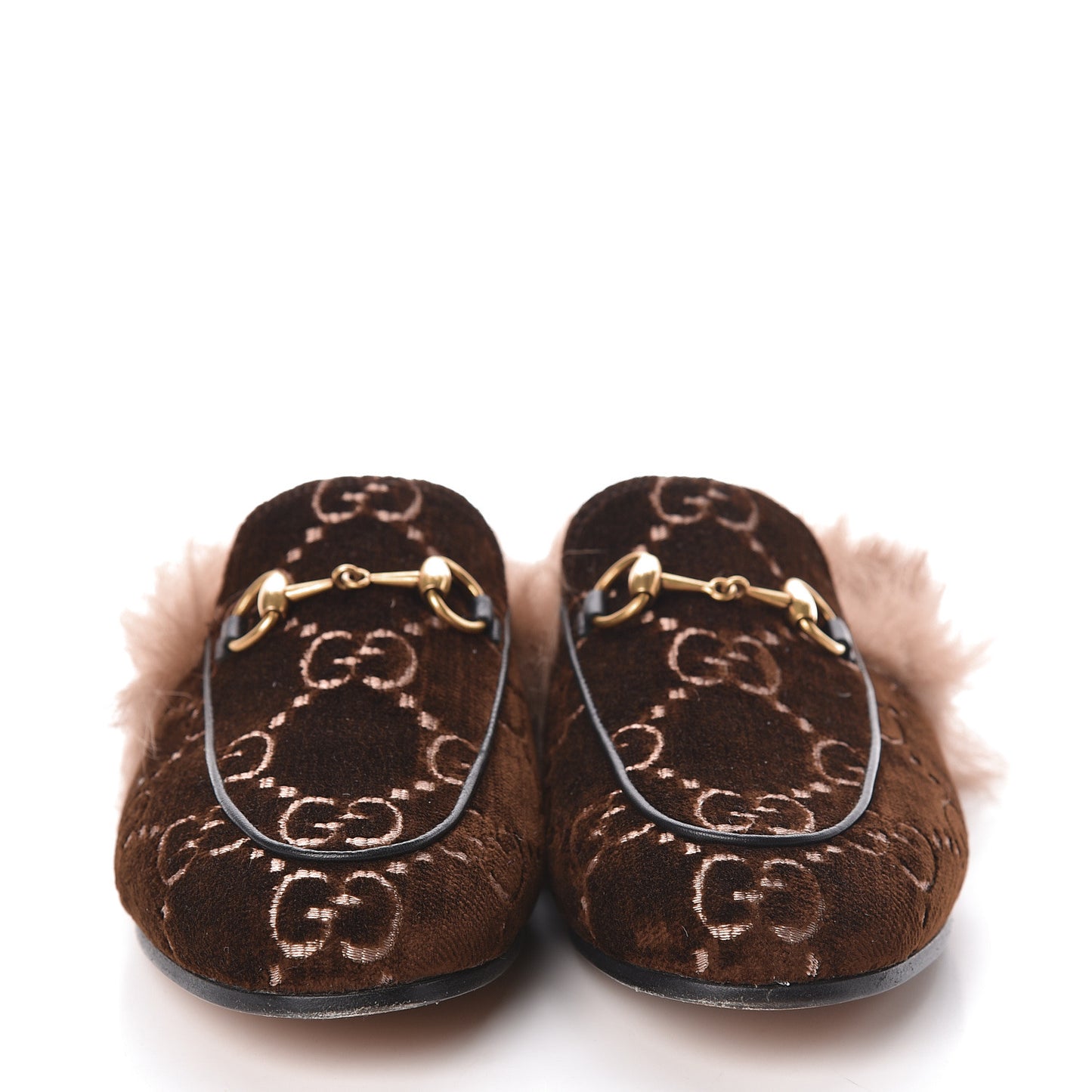 Velvet GG Monogram Fur Womens Princetown Slippers 35.5 Brown Black Natural