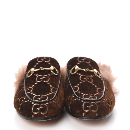 Gucci Velvet GG Monogram Fur Womens Princetown Slippers 35.5 Brown Black Natural 2 of 11