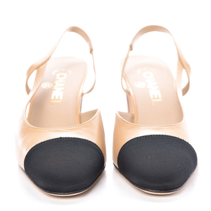 Chanel Goatskin Grosgrain Cap Toe CC Slingback Pumps 38 Beige Black 2 of 8