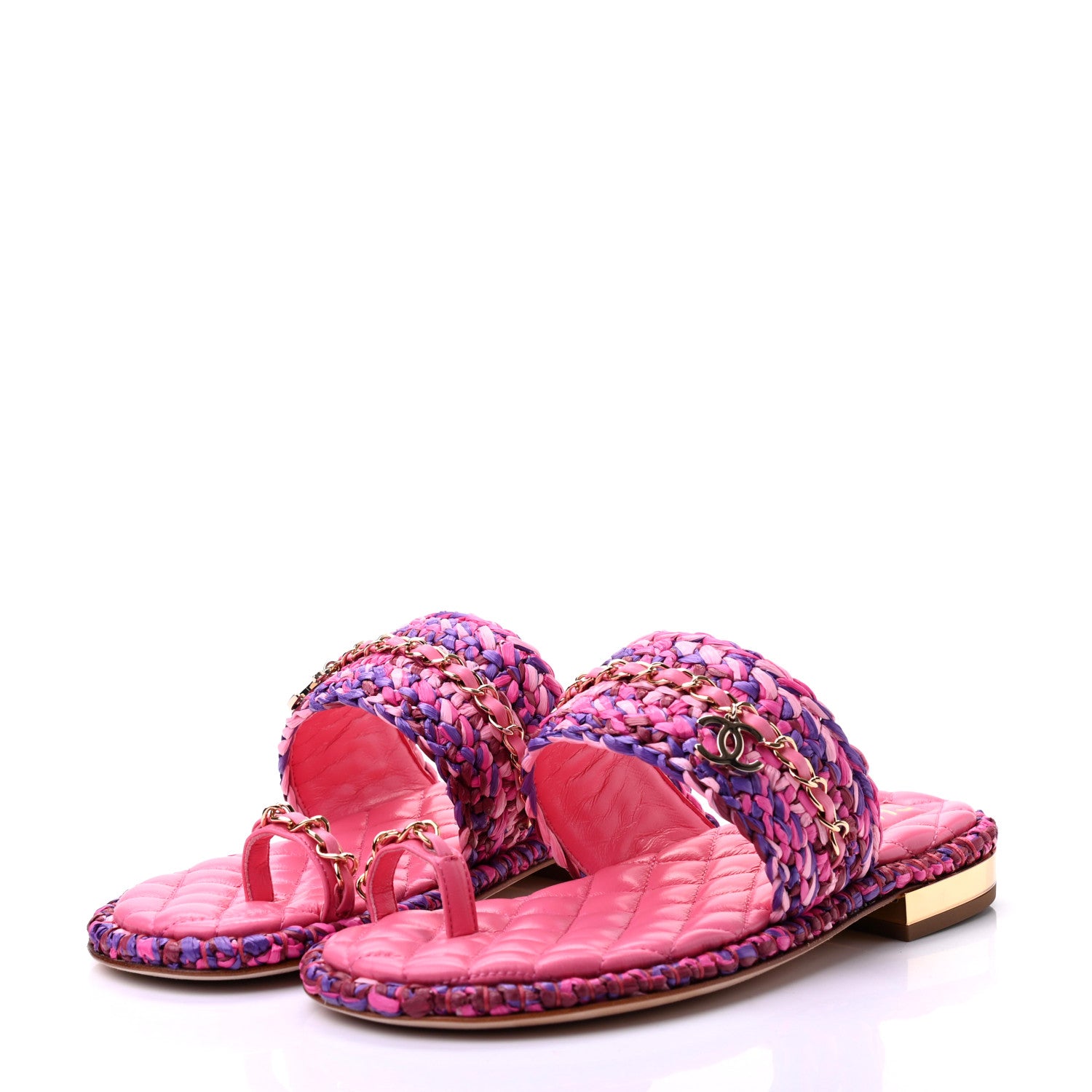 Chanel Raffia Lambskin Woven Chain CC Toe Ring Sandals 36.5 Pink Fuchsia Purple 3 of 9