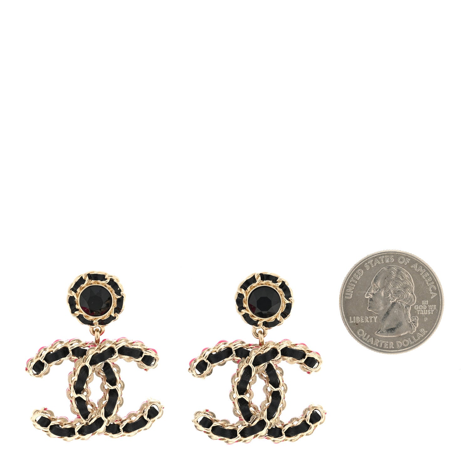 Chanel Metal Lambskin CC Chain Drop Earrings Black Gold Pink 2 of 4