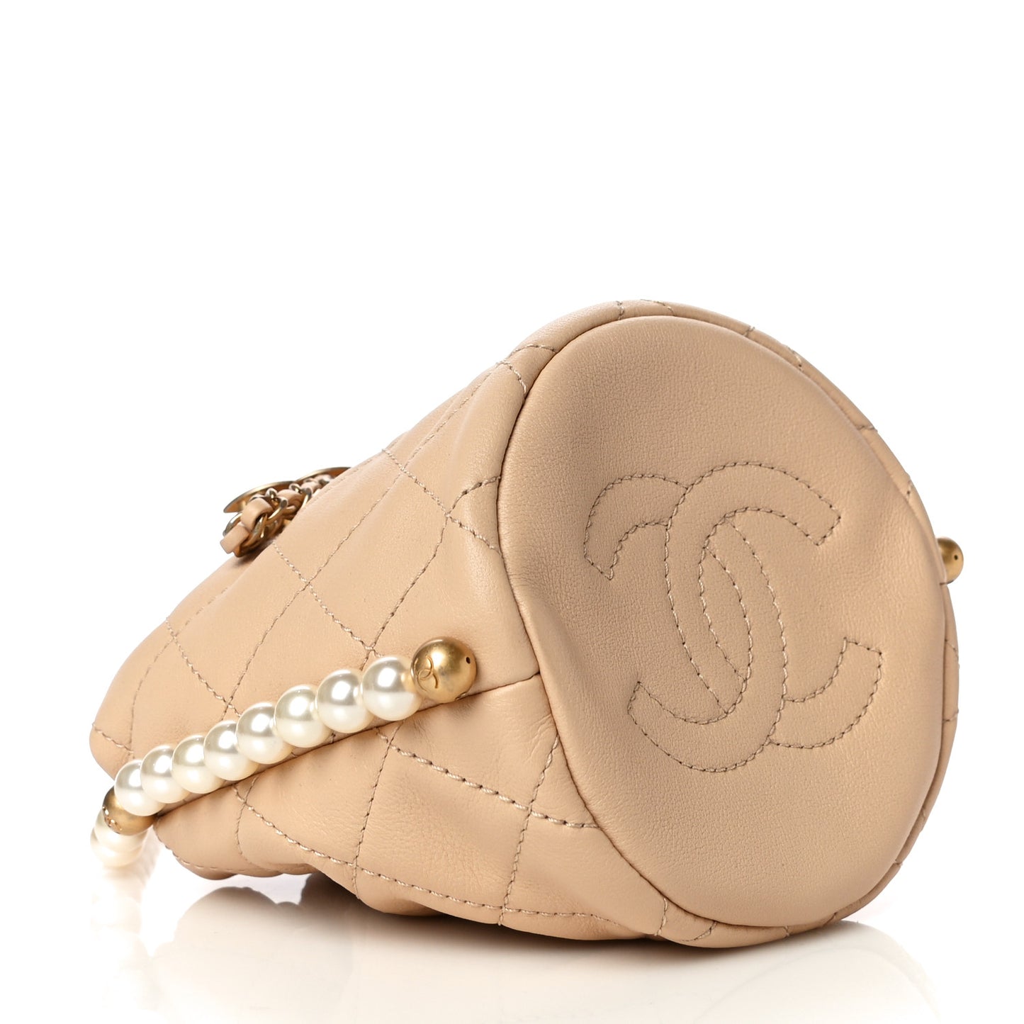Calfskin Quilted Pearl Mini About Pearls Drawstring Bucket Bag Beige