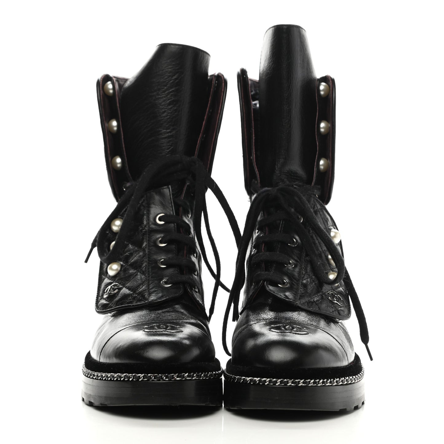 Crackled Calfskin Velvet Pearl Combat Boots 40 Black