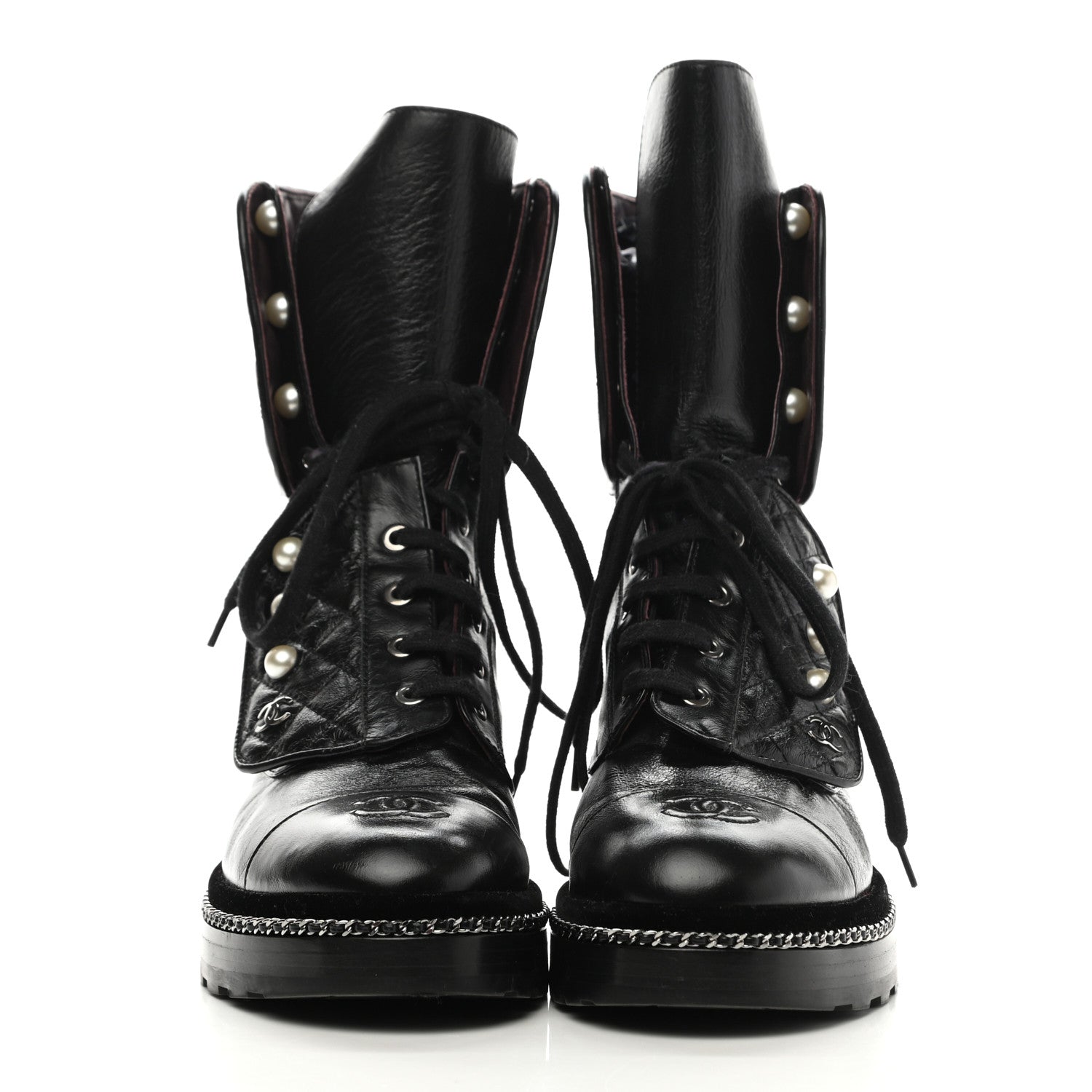 Chanel Crackled Calfskin Velvet Pearl Combat Boots 40 Black 2 of 7