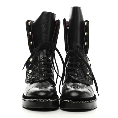 Chanel Crackled Calfskin Velvet Pearl Combat Boots 40 Black 2 of 7