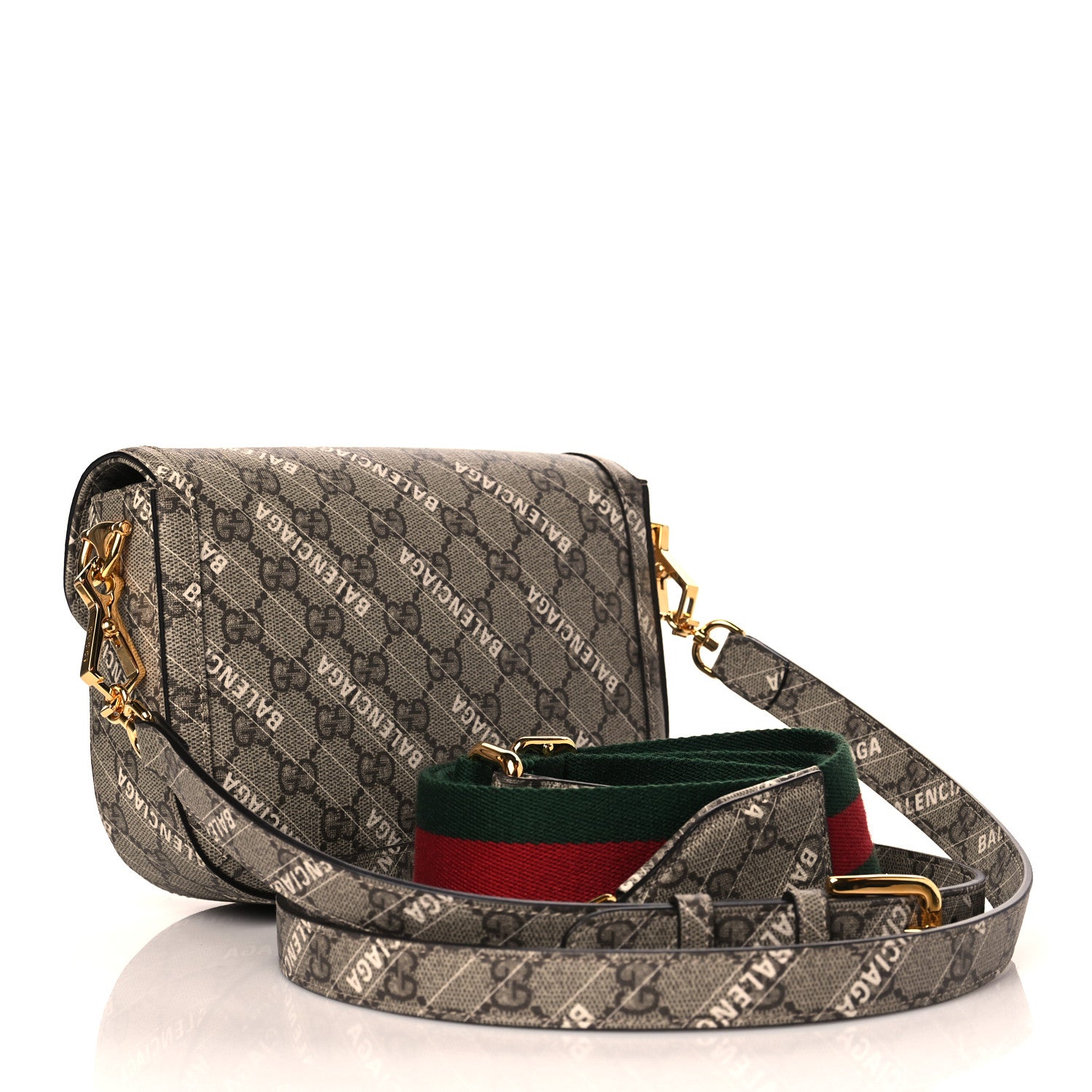Gucci X BALENCIAGA GG Supreme Monogram Web Logo Print Mini Horsebit 1955 Shoulder Bag Beige Ebony 3 of 11