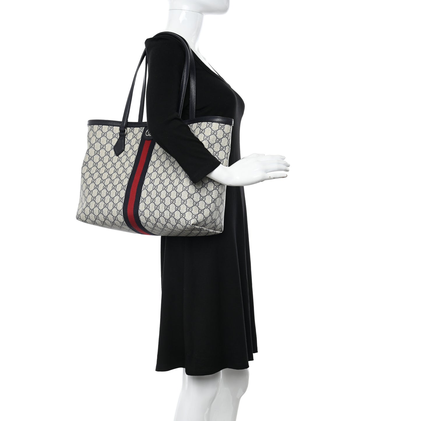 GG Supreme Monogram Textured Calfskin Web Medium Ophidia Shopping Tote Beige Blue
