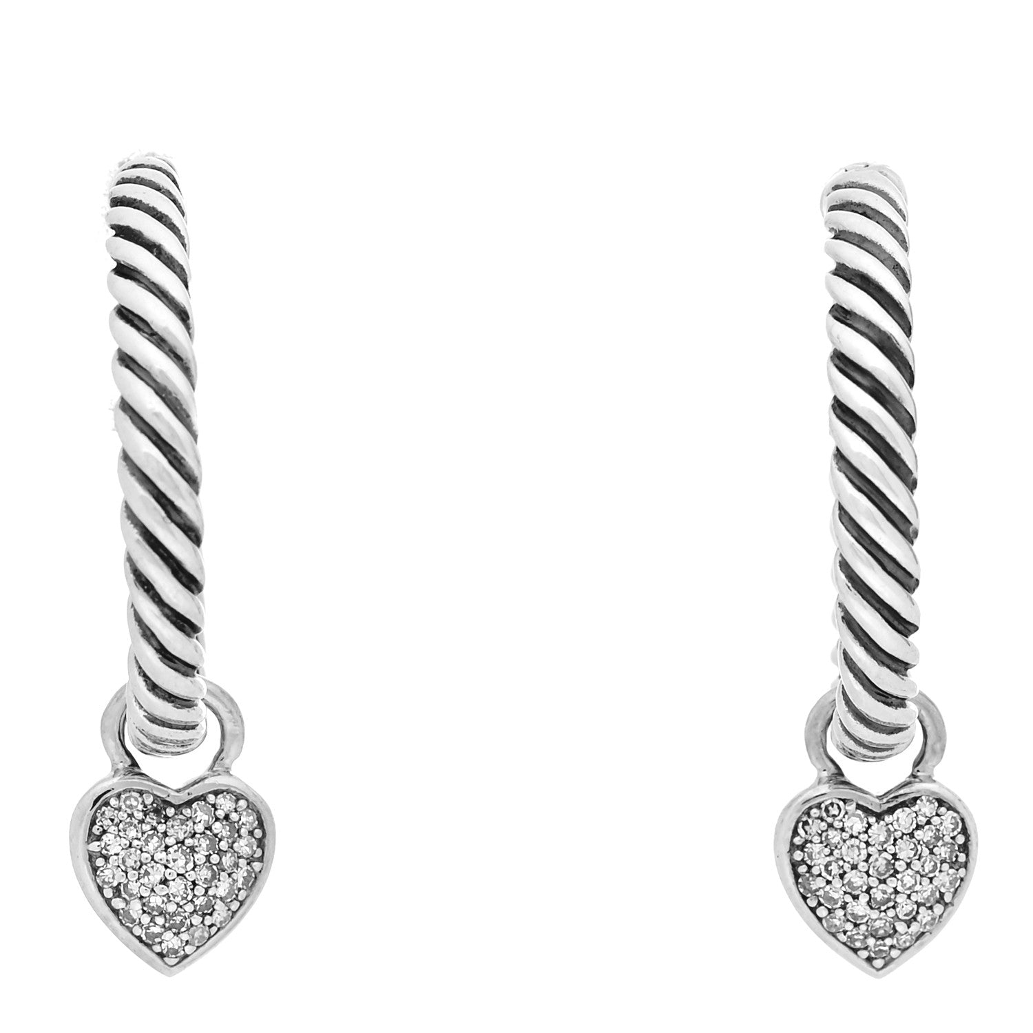 David Yurman Sterling Silver Diamond Cable Heart Hoop Earrings 1 of 4