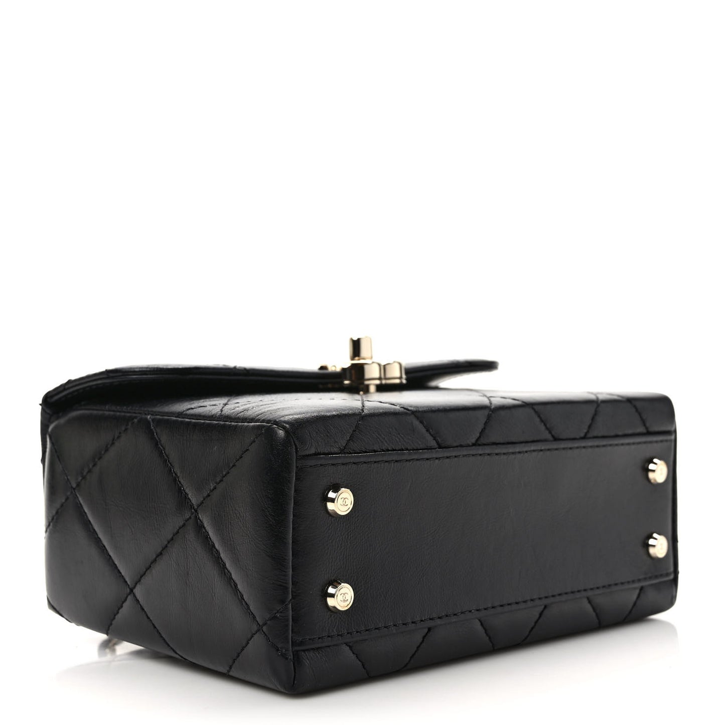 Shiny Calfskin Quilted Small CC Top Handle Box Bag Black
