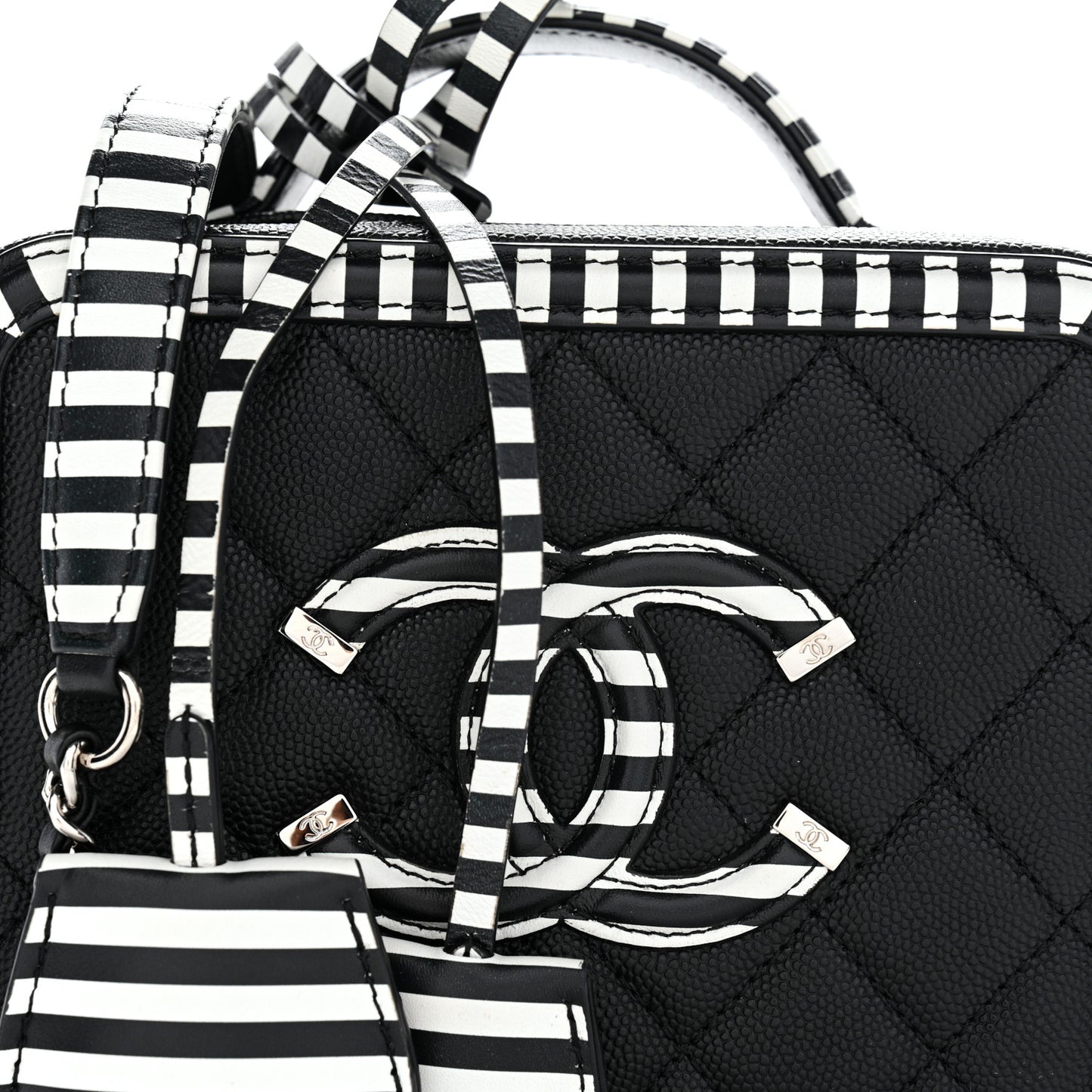 Caviar Quilted Striped Small CC Filigree Vanity Case Black White