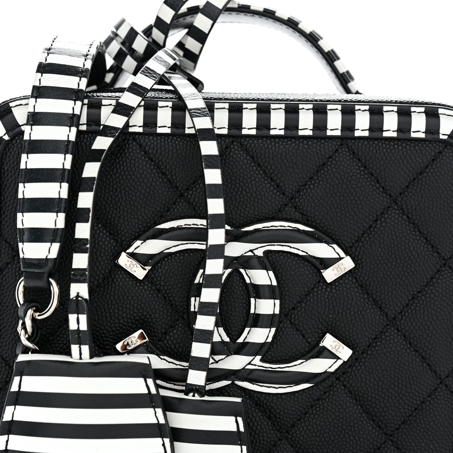 Chanel Caviar Quilted Striped Small CC Filigree Vanity Case Black White 7 of 9