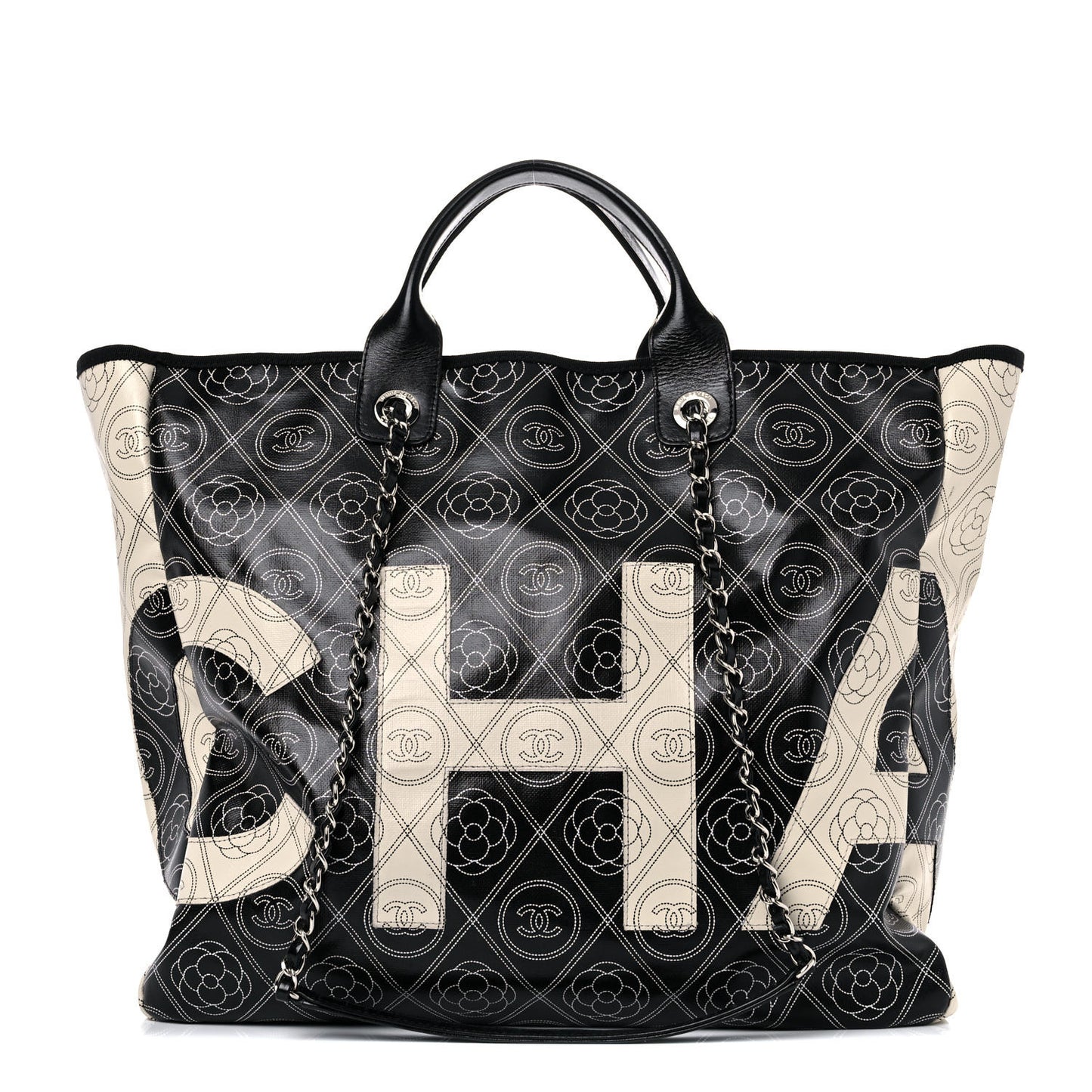 Coated Canvas Camellia Medium Shopping Tote Black Beige