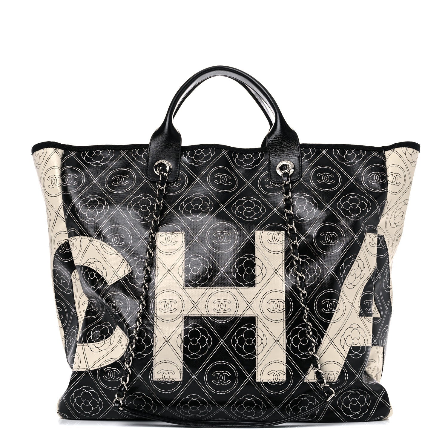 Chanel Coated Canvas Camellia Medium Shopping Tote Black Beige 1 of 15