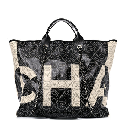 Chanel Coated Canvas Camellia Medium Shopping Tote Black Beige 1 of 15