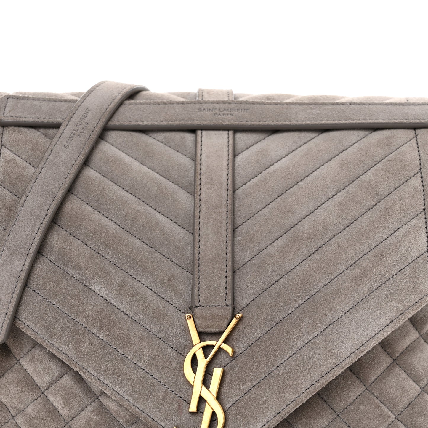 Suede Mixed Matelasse Tri-Quilt Large Monogram Envelope Satchel Grey