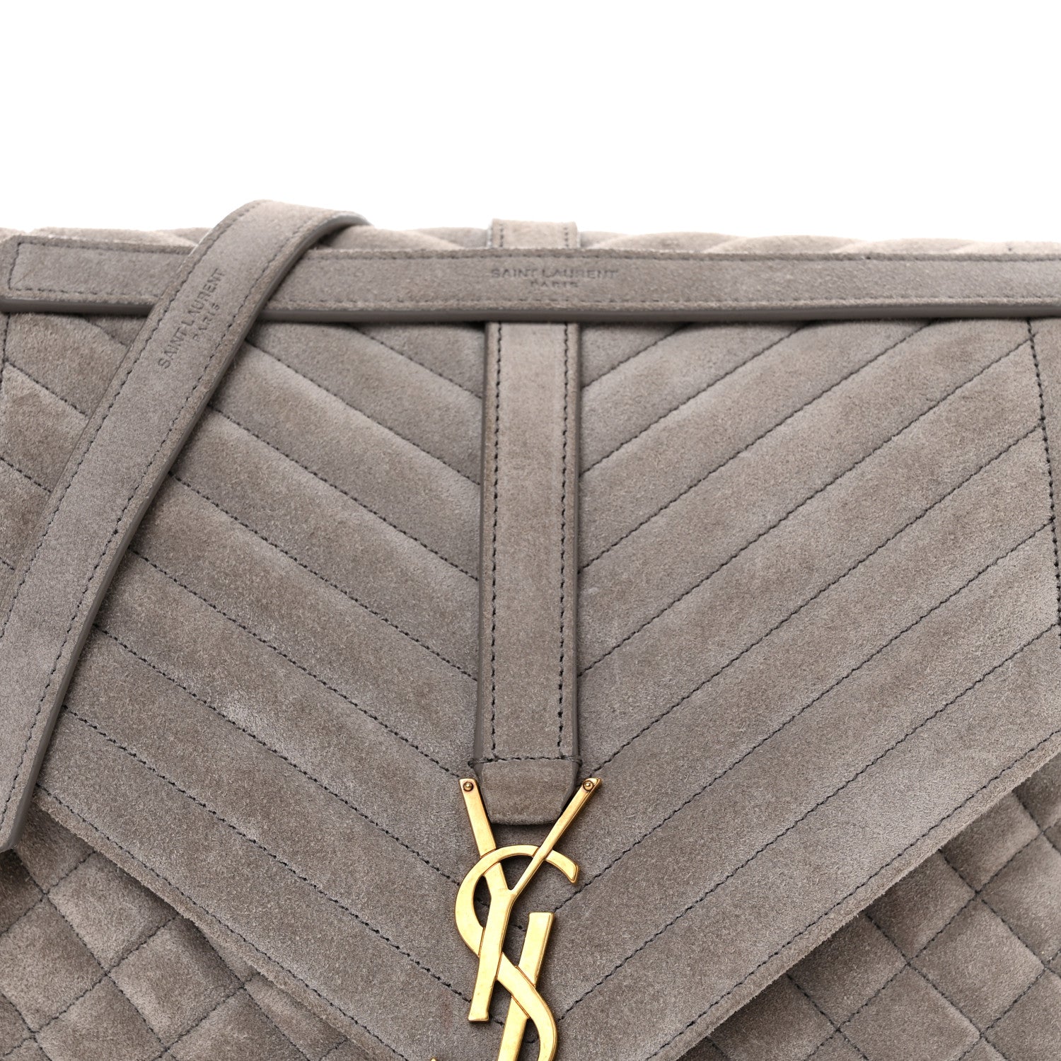 Saint Laurent Suede Mixed Matelasse Tri-Quilt Large Monogram Envelope Satchel Grey 9 of 11
